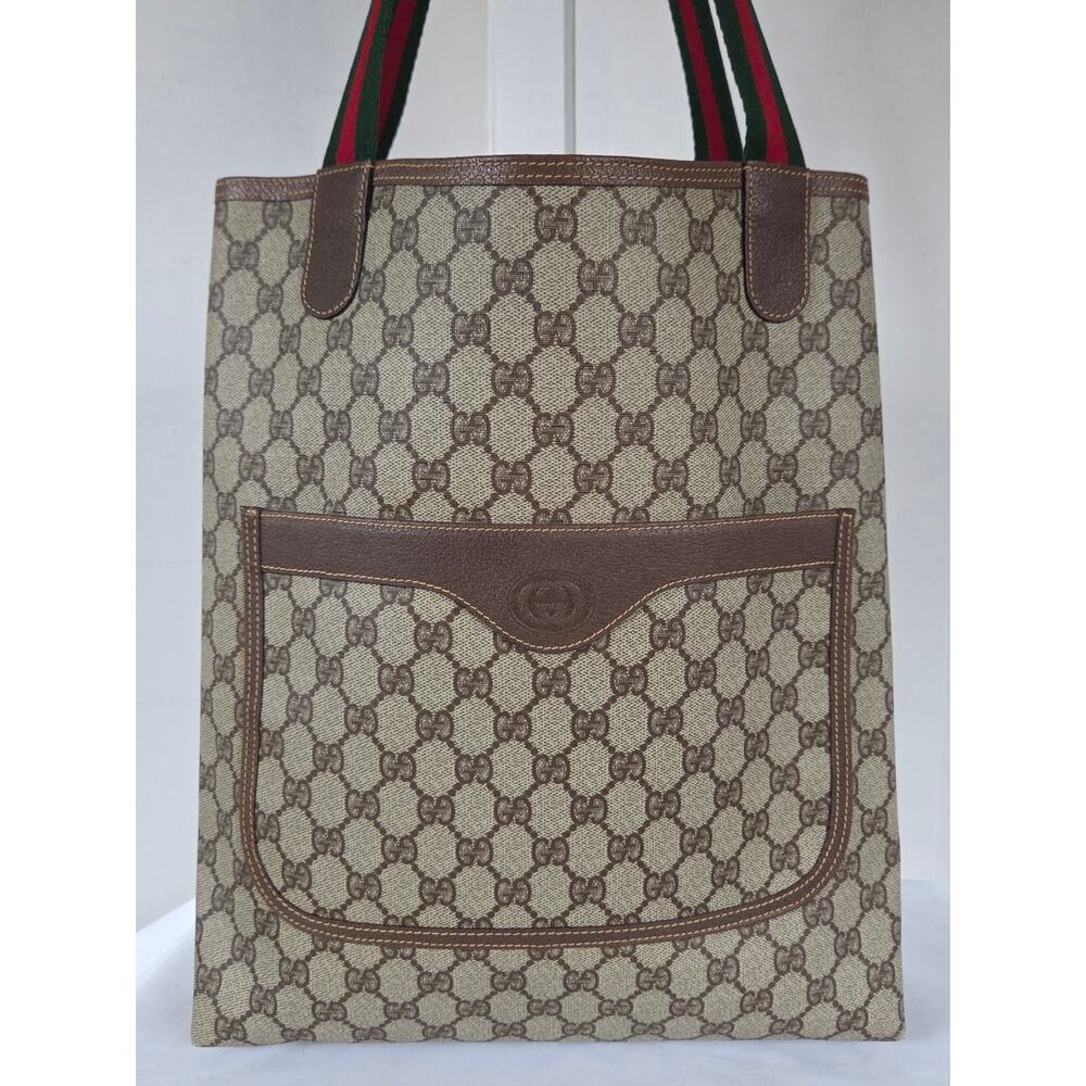 Vintage Gucci Sherry Line GG Brown/Beige PVC and Leather Tote/Shoulder Bag - Picture 2 of 16